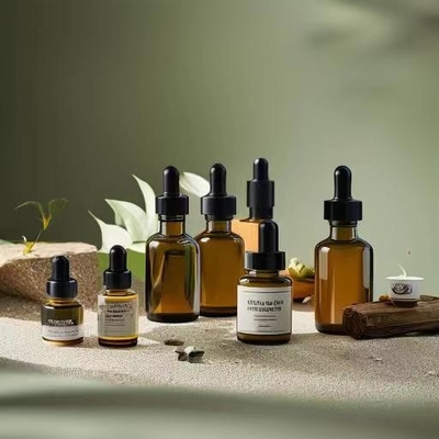 Bouteille d'huile essentielle ambrée conviviale avec tête de gouttelette en plastique et pipette en verre 5ml 10ml 30ml 50ml 100ml